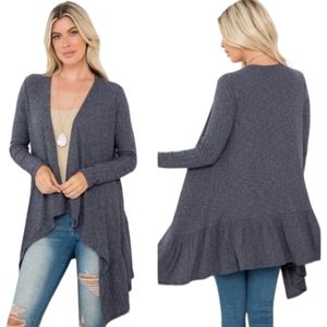 Ribbed Charcoal Ruffled Hem Flowy Open Cardigan Sweater